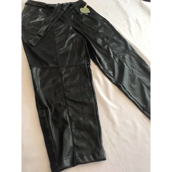 Ryegrass Black Faux Leather Tie Front Pants Button Ankle Womens Sz 10 Wide Taper - Picture 4 of 14